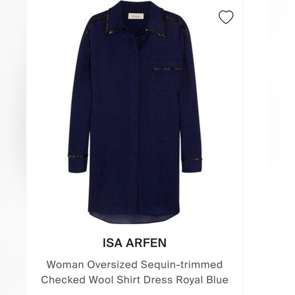 ISA ARFEN OVERSIZED SEQUIN-TRIMMED WOOL CHECKERED  SHIRTDRESS ROYAL BLUE SIZE 12 - Picture 4 of 9